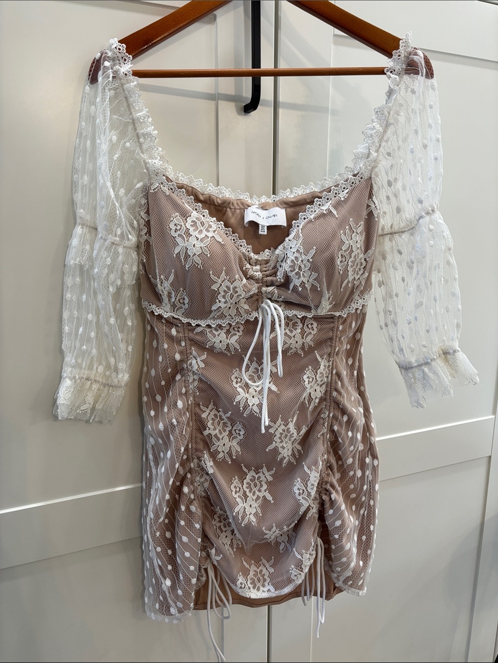 Lace-Overlay Dot Sleeve Mini Dress in Taupe and White
